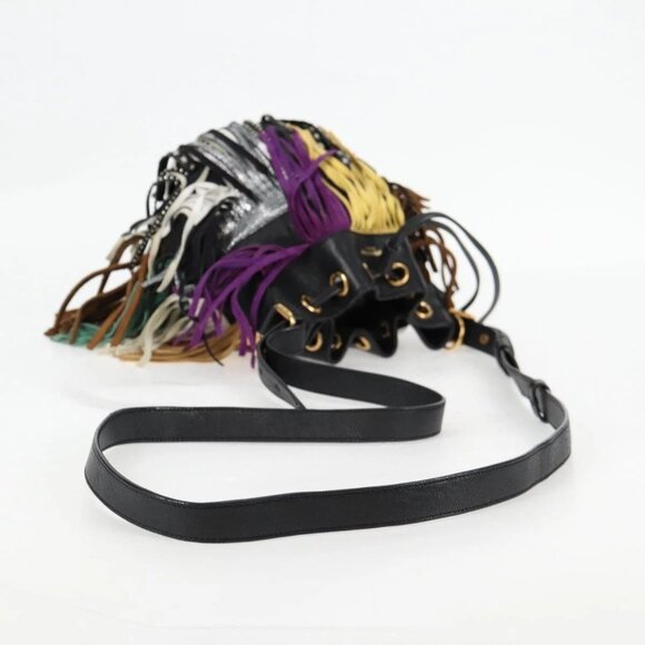 SAINT LAURENT Fringe Shoulder Bag Leather Black Gold Auth 121510M - Picture 9 of 16